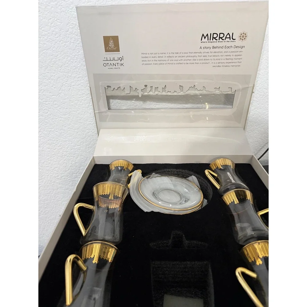 Otantik Home Mirral Turkish Tea Set 6 Cups 6 Saucers Gold Trim Glass Boxed New